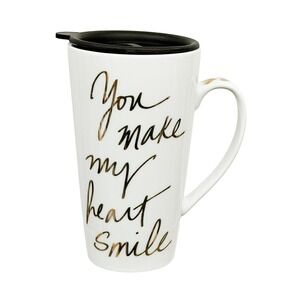 You Make My Heart Smile Travel Mug Removable Lid Prima Design White Gold 6"
